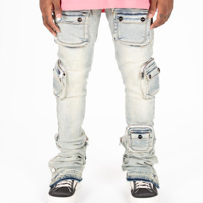 PHEELINGS - "JOURNEY TO GREATNESS" CARGO FLARE STACK DENIM - LIGHT SAND BLUE
