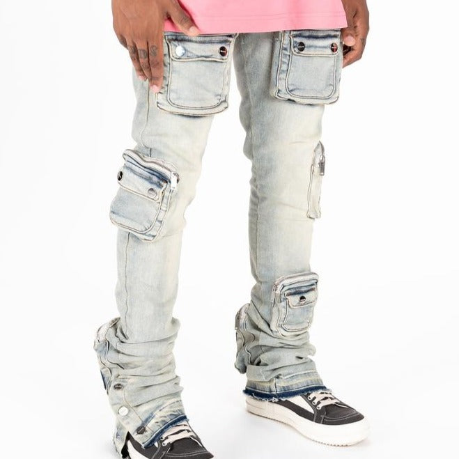 PHEELINGS - "JOURNEY TO GREATNESS" CARGO FLARE STACK DENIM - LIGHT SAND BLUE
