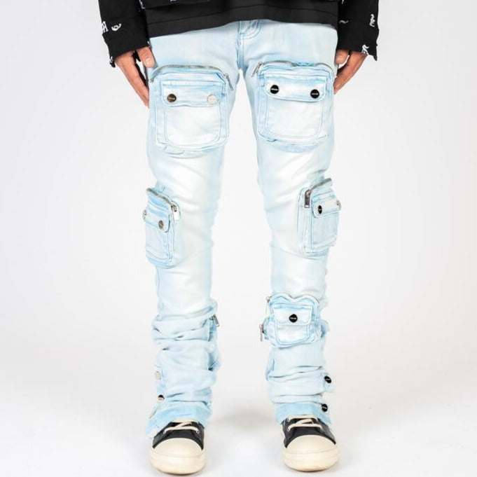 PHEELINGS - "JOURNEY TO GREATNESS" CARGO FLARE STACK DENIM - SKY BLUE/SAND