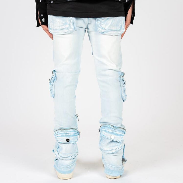 PHEELINGS - "JOURNEY TO GREATNESS" CARGO FLARE STACK DENIM - SKY BLUE/SAND