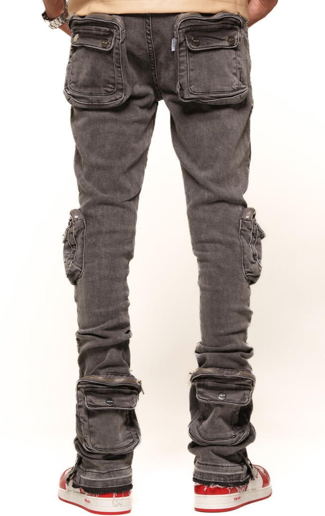 PHEELINGS - "JOURNEY TO GREATNESS" CARGO FLARE STACK DENIM - CHARCOAL GREY