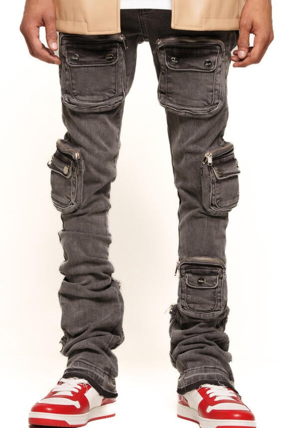 PHEELINGS - "JOURNEY TO GREATNESS" CARGO FLARE STACK DENIM - CHARCOAL GREY