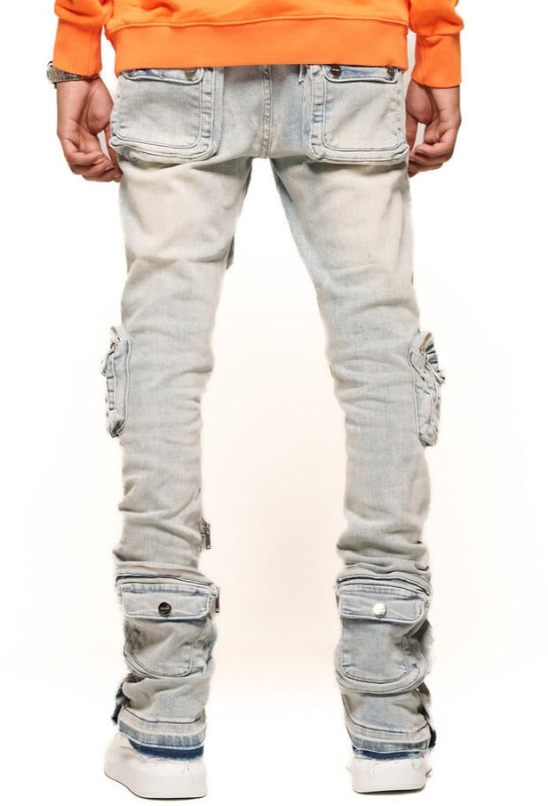 PHEELINGS - "JOURNEY TO GREATNESS" CARGO FLARE STACK DENIM - LIGHT BLUE