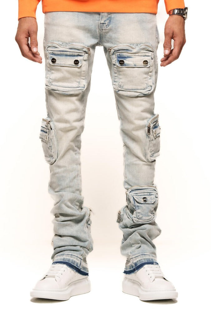 PHEELINGS - "JOURNEY TO GREATNESS" CARGO FLARE STACK DENIM - LIGHT BLUE