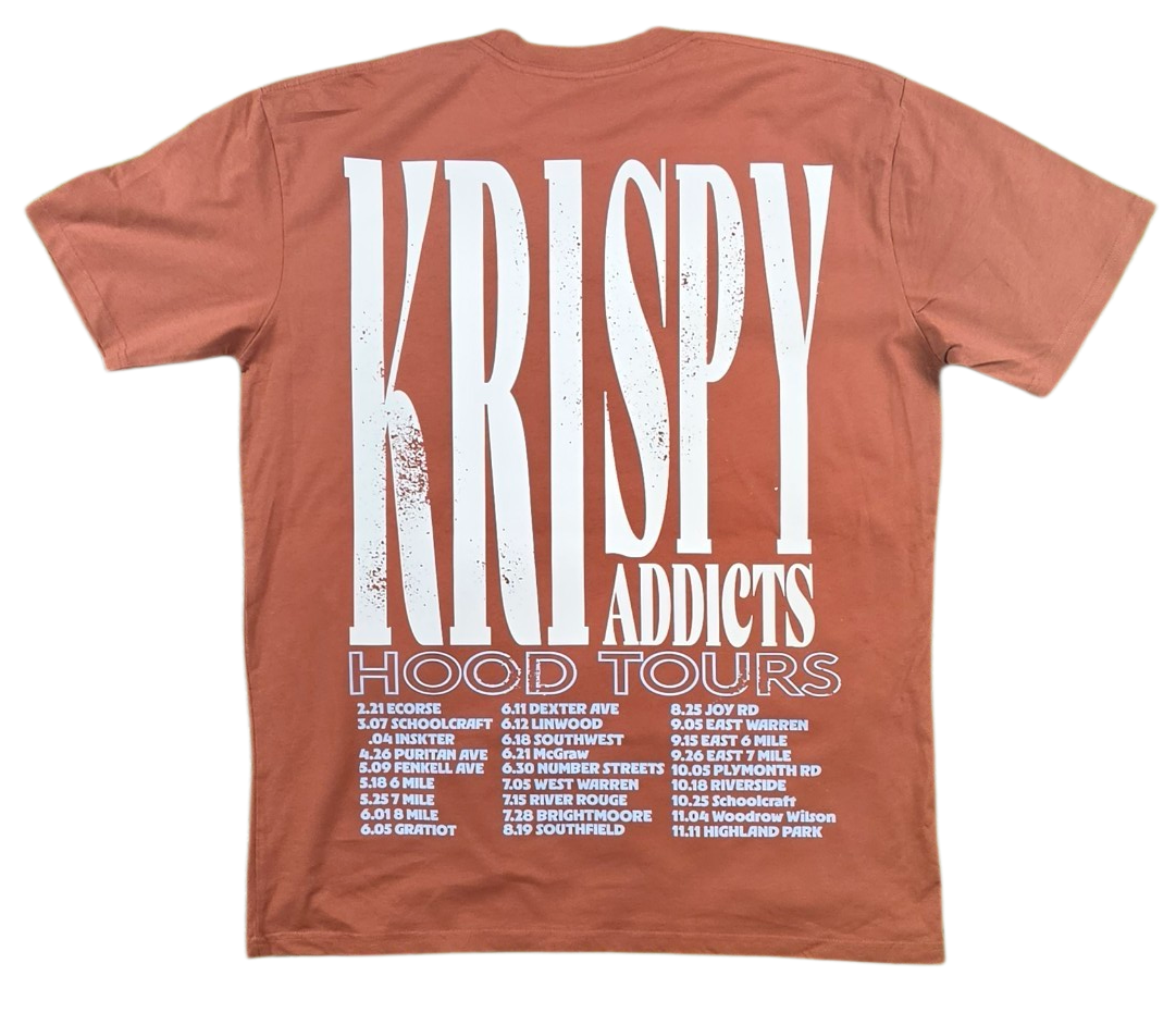 KRISPY ADDICTS - HOOD TOURS TEE - CLAY/NATURAL/RUST