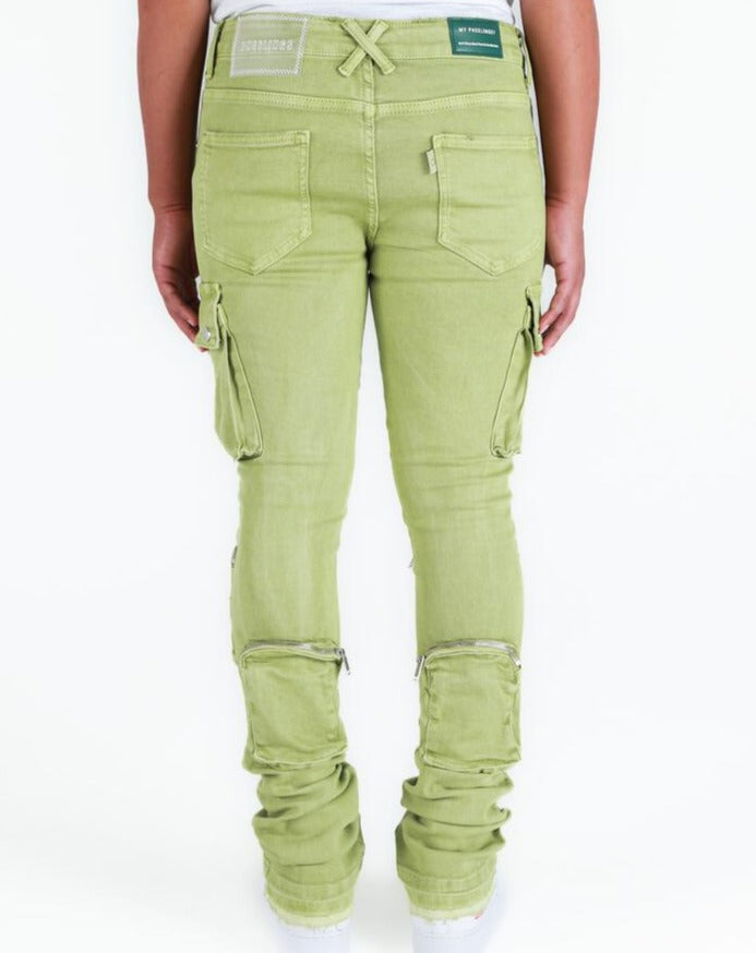 PHEELINGS -  "NEVER LOOK BACK" CARGO FLARE STACK DENIM - GOIN GREEN