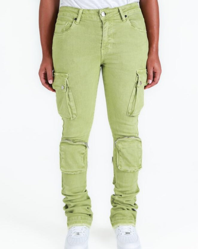 PHEELINGS -  "NEVER LOOK BACK" CARGO FLARE STACK DENIM - GOIN GREEN