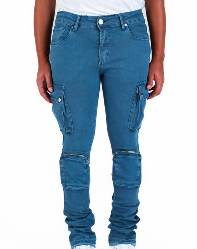 PHEELINGS -  "NEVER LOOK BACK" CARGO FLARE STACK DENIM - OXFORD BLUE