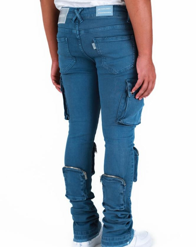PHEELINGS -  "NEVER LOOK BACK" CARGO FLARE STACK DENIM - OXFORD BLUE