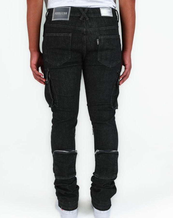 PHEELINGS -  "NEVER LOOK BACK" CARGO FLARE STACK DENIM - RAW BLACK