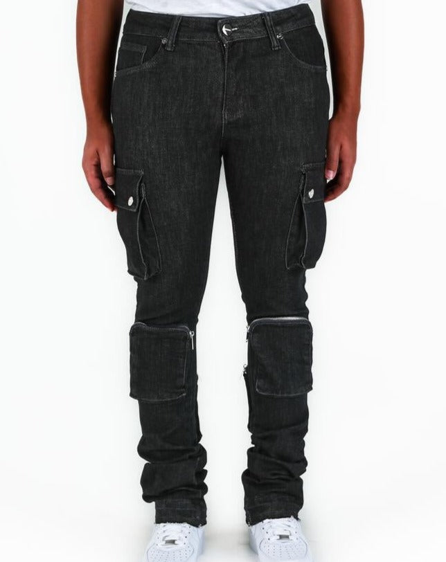 PHEELINGS -  "NEVER LOOK BACK" CARGO FLARE STACK DENIM - RAW BLACK