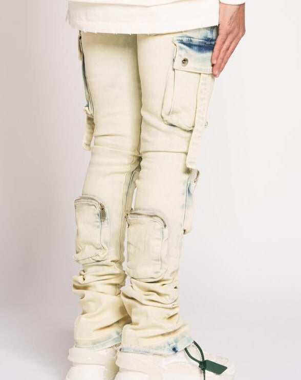 PHEELINGS -  "NEVER LOOK BACK" CARGO FLARE STACK DENIM - BLUE ACID WASH