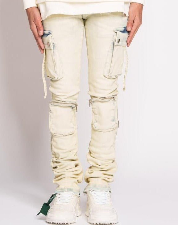 PHEELINGS -  "NEVER LOOK BACK" CARGO FLARE STACK DENIM - BLUE ACID WASH