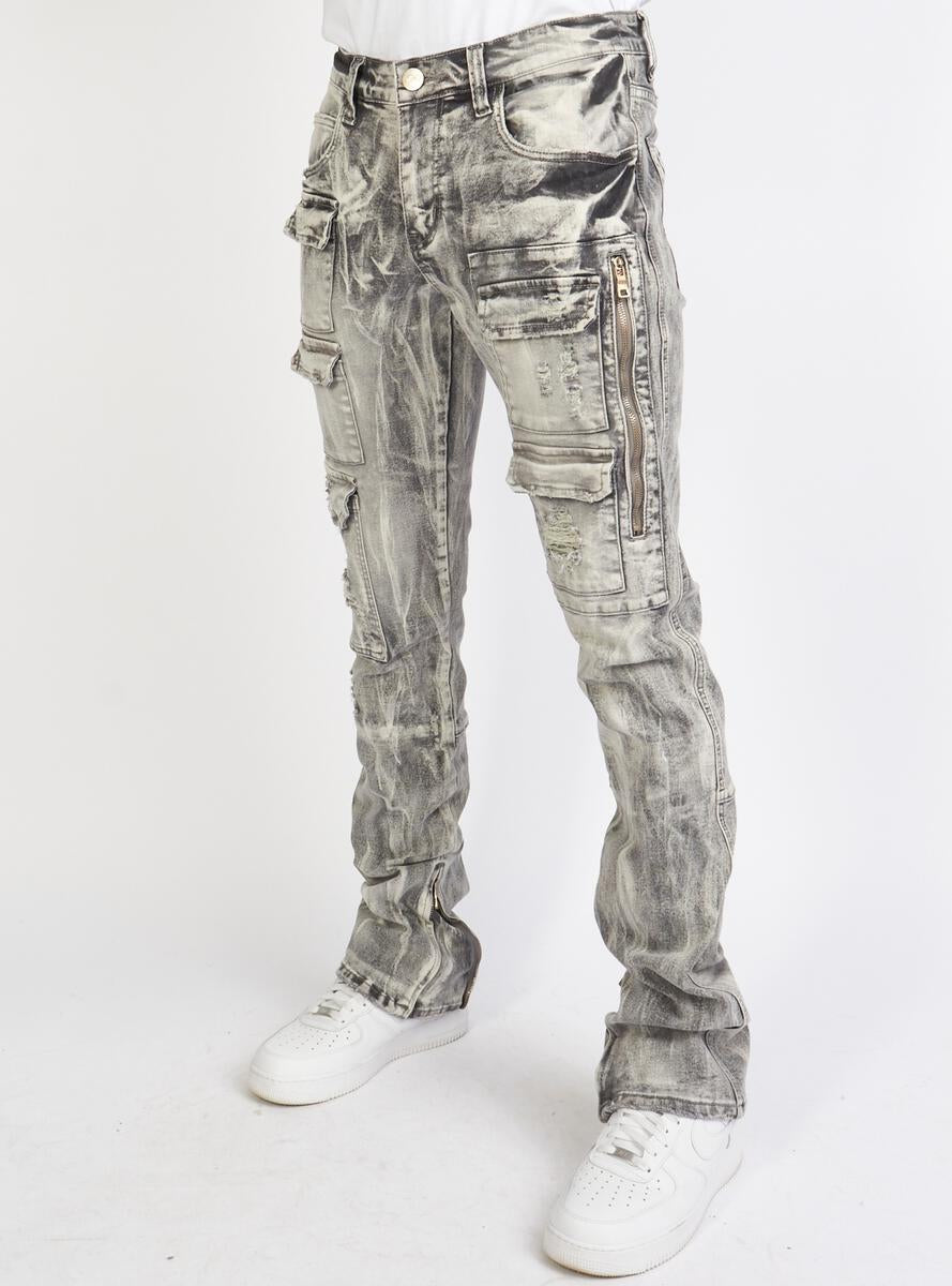 POLITICS - Skinny Stacked Cargo Flare Zip - GREY STORM