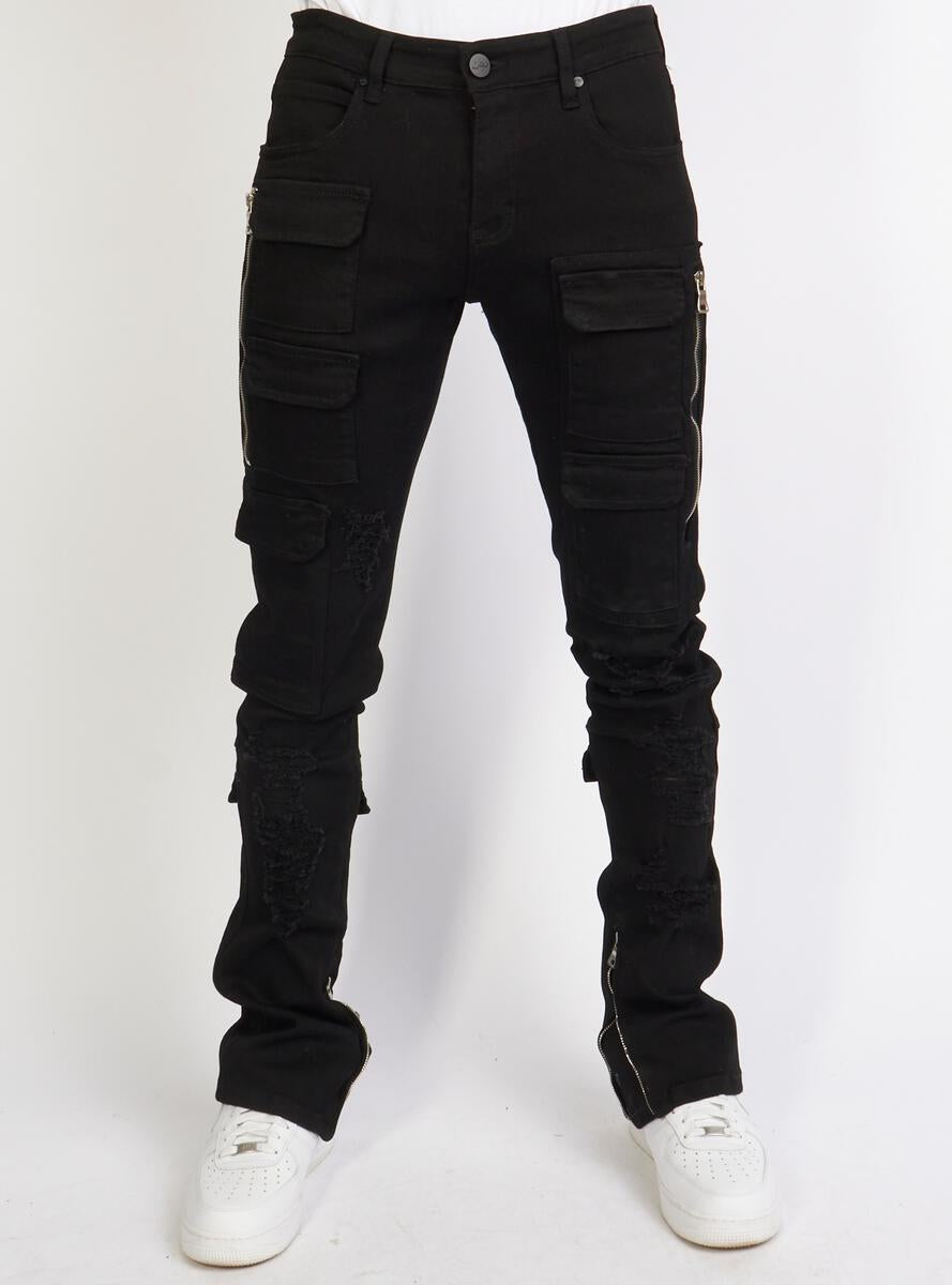 POLITICS JEANS - SKINNY STACKED CARGO FLARE - BLACK