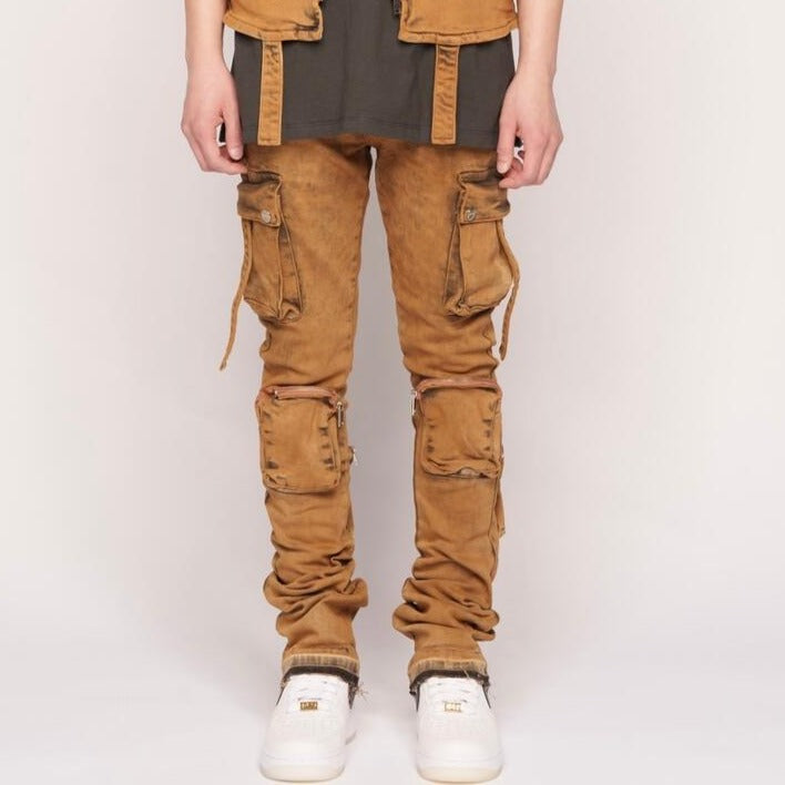 PHEELINGS - NEVER LOOK BACK" CARGO FLARE STACK DENIM - DARK RUST KHAKI