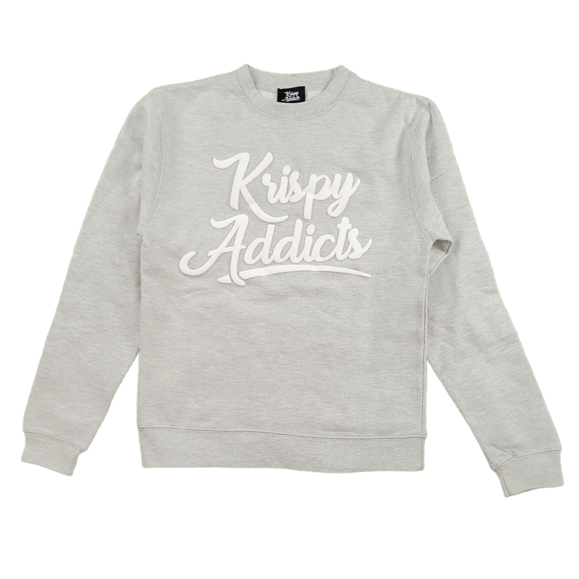 KRISPY ADDICTS - RAISED LOGO CREWNECK - LIGHT HEATHER GREY/WHITE