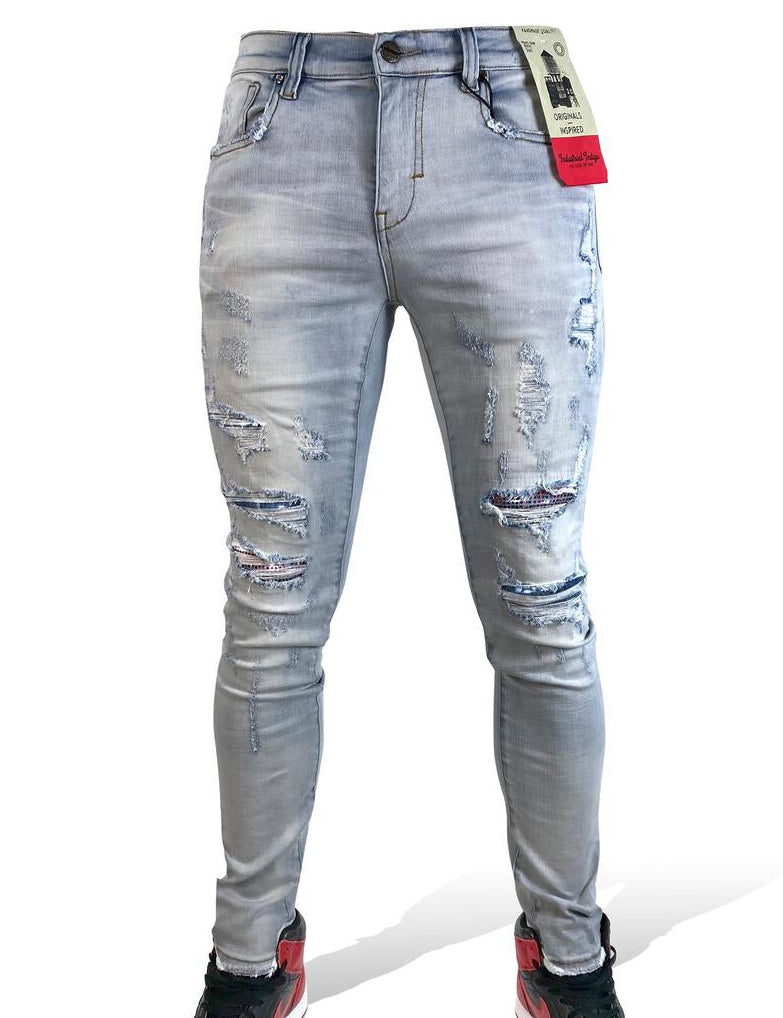 INDUSTRIAL INDIGO - JEANS DISTRESSED (RED STONES IN RIP) - LIGHT WASH