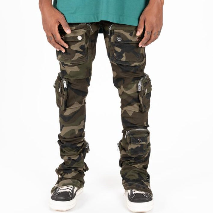 PHEELINGS - "JOURNEY TO GREATNESS" CARGO FLARE STACK DENIM - CAMO GREEN