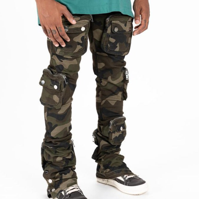 PHEELINGS - "JOURNEY TO GREATNESS" CARGO FLARE STACK DENIM - CAMO GREEN