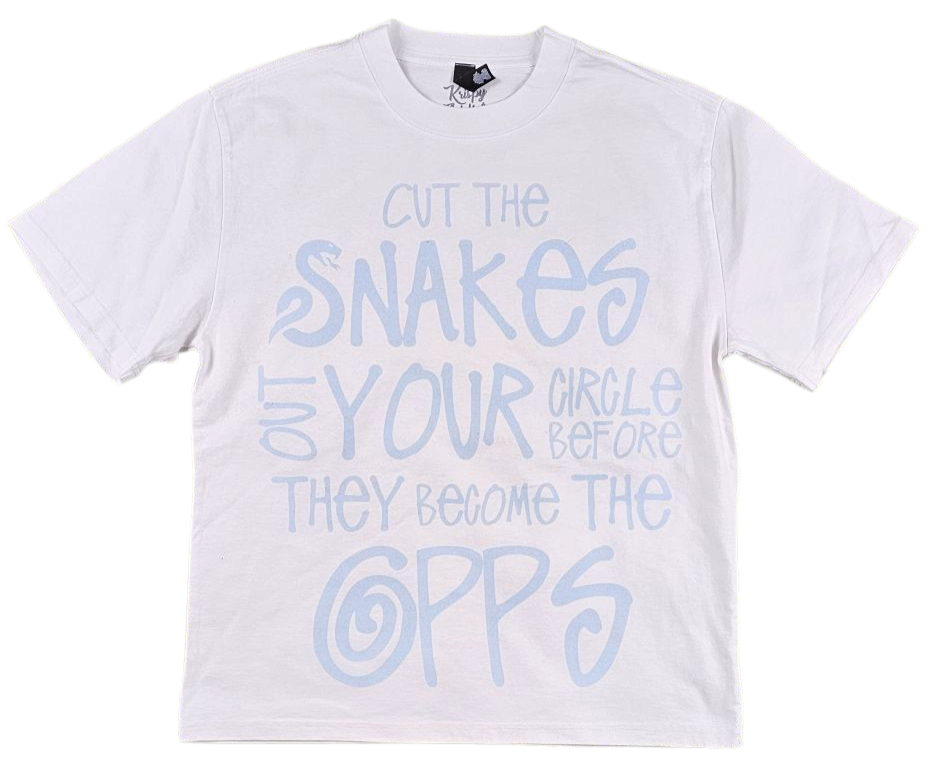 KRISPY ADDICTS - CUT SNAKES OUT YOUR CIRCLE CROPPED TEE - WHITE/POWDER BLUE