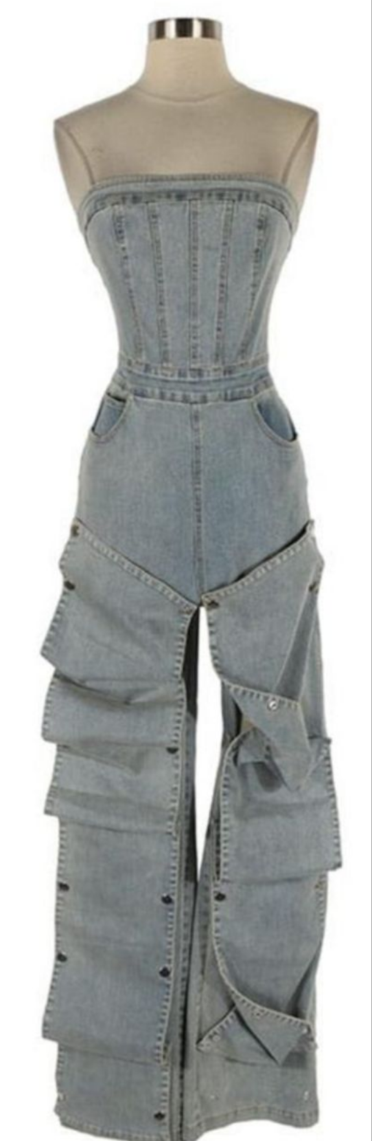 WOMEN'S COLLECTION - DENIM CORSET BUTTON FLARE JUMPSUIT - LIGHT WASH