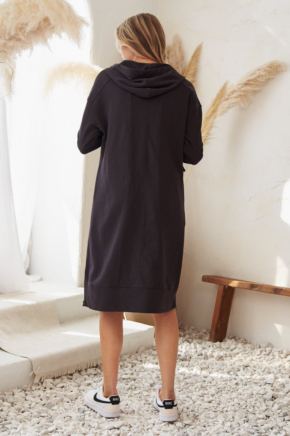 WOMEN'S COLLECTION - Solid Hooded Long sweatshirt dress - CHARCOAL