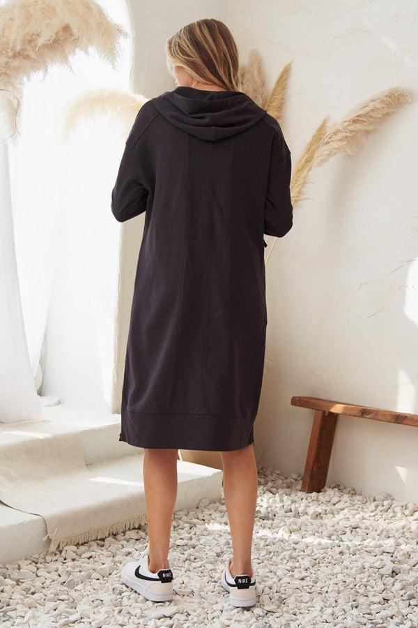 WOMEN'S COLLECTION - Solid Hooded Long sweatshirt dress - CHARCOAL