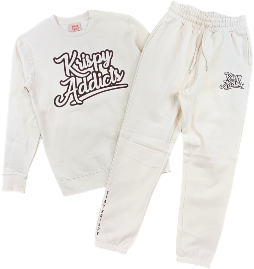 KRISPY ADDICTS - OPEN LOGO CREWNECK JOGGER SET - BONE/BROWN