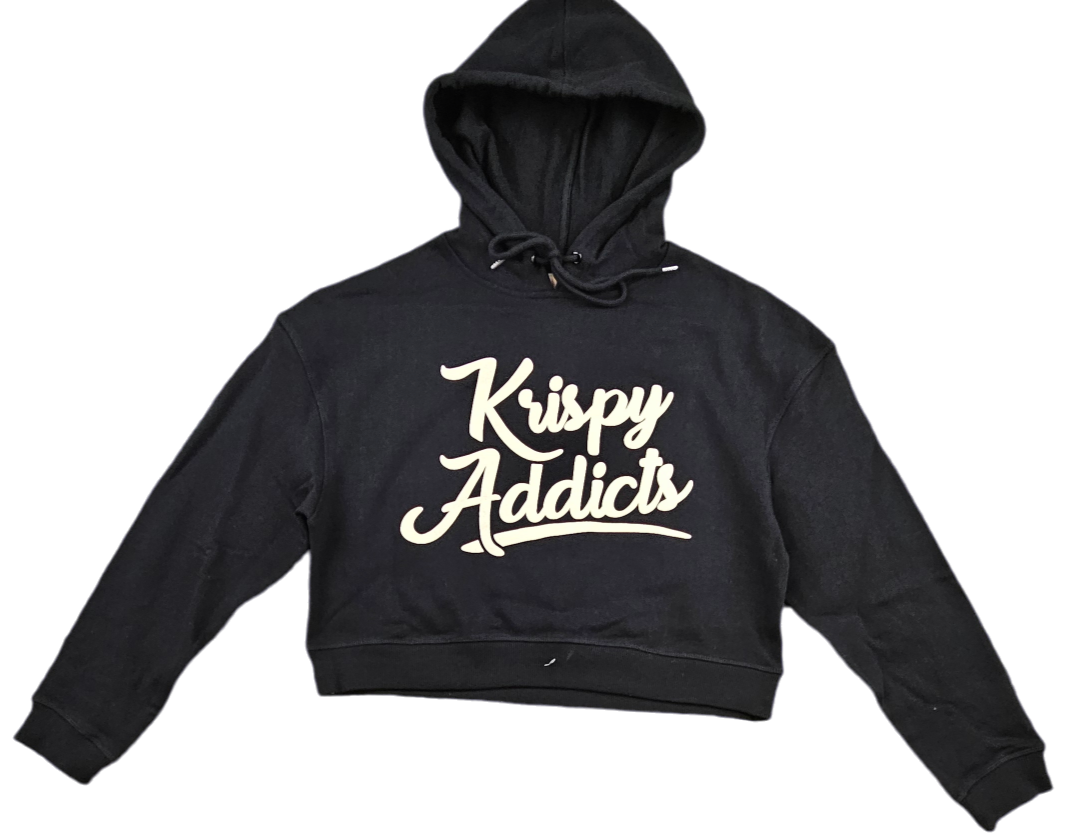 KRISPY ADDICTS WOMEN'S COLLECTION - RAISED LOGO WOMEN'S  CROP HOODIE - BLACK (KHAKI)