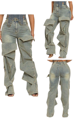 WOMENS COLLECTION - BUTTON JEANS WIDE LEG - LIGHT SAND WASH