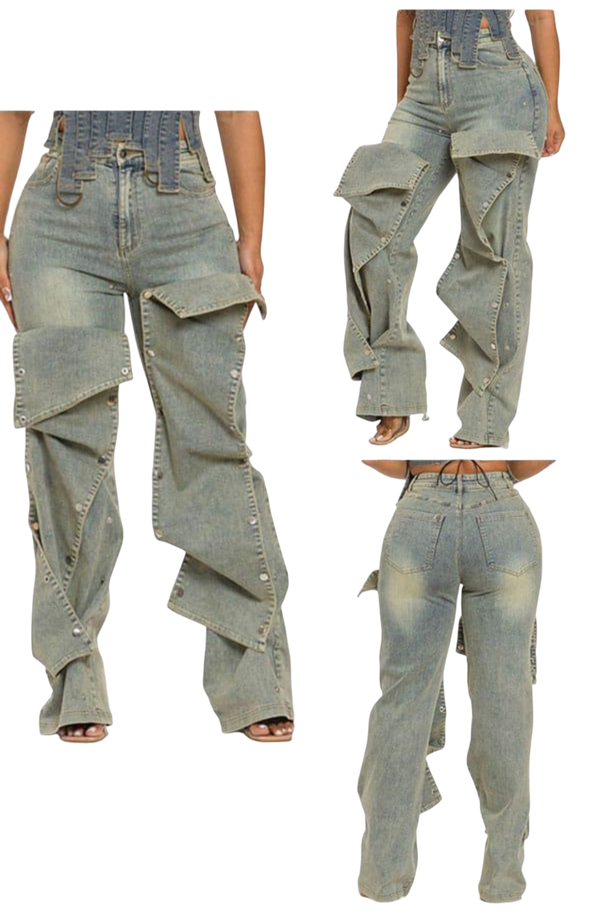 WOMENS COLLECTION - BUTTON JEANS WIDE LEG - LIGHT SAND WASH