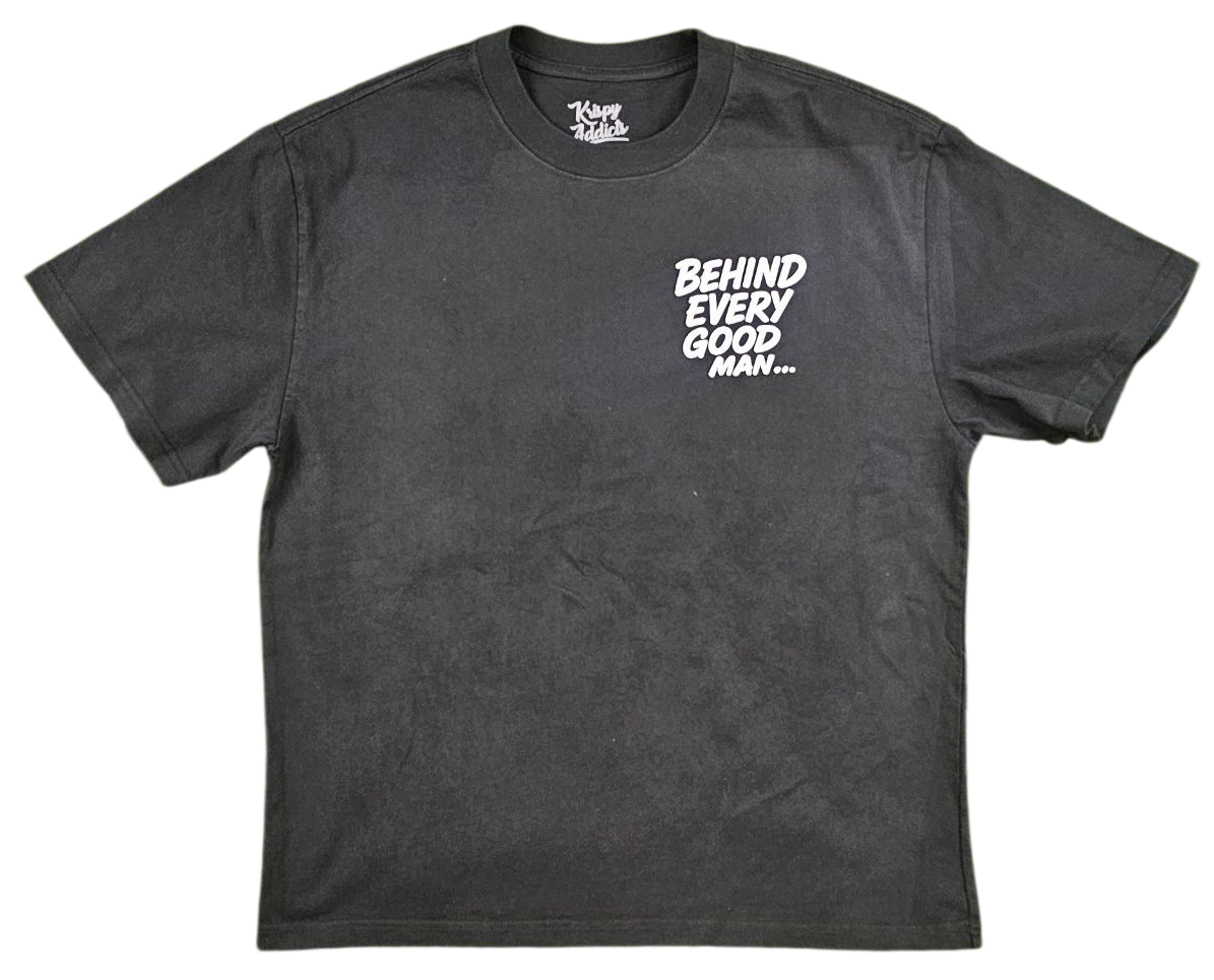 KRISPY ADDICTS - BEHIND EVERY GOOD MAN OVERSIZE CROPPED TSHIRT - WASHED BLACK