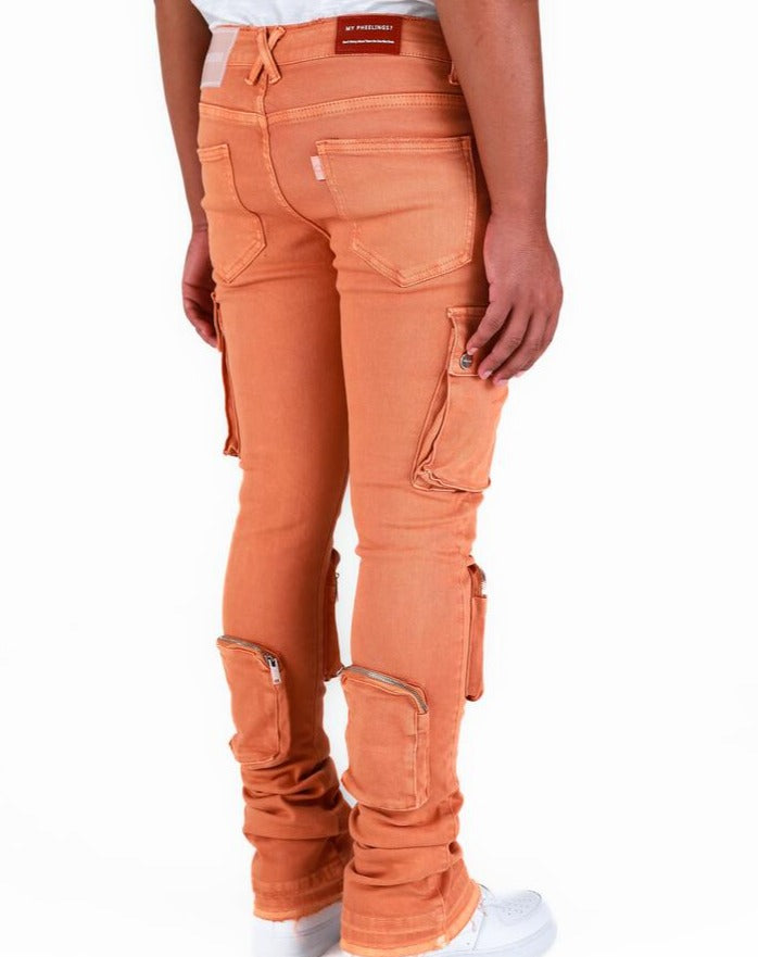 PHEELINGS -  "NEVER LOOK BACK" CARGO FLARE STACK DENIM - SALMON