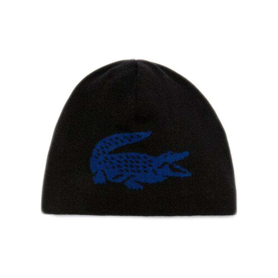 Lacoste - Oversized Contrast Crocodile Reversible Wool Beanie (black/blue)