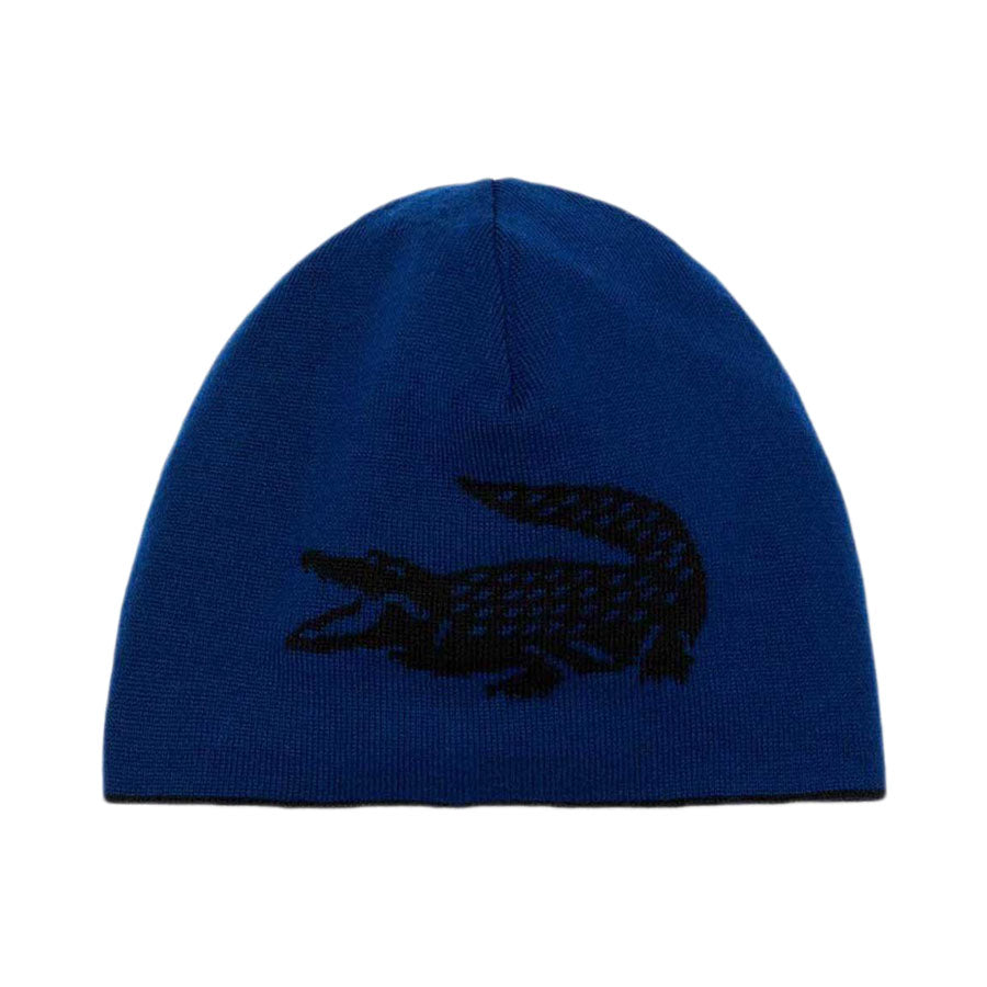 Lacoste - Oversized Contrast Crocodile Reversible Wool Beanie (black/blue)